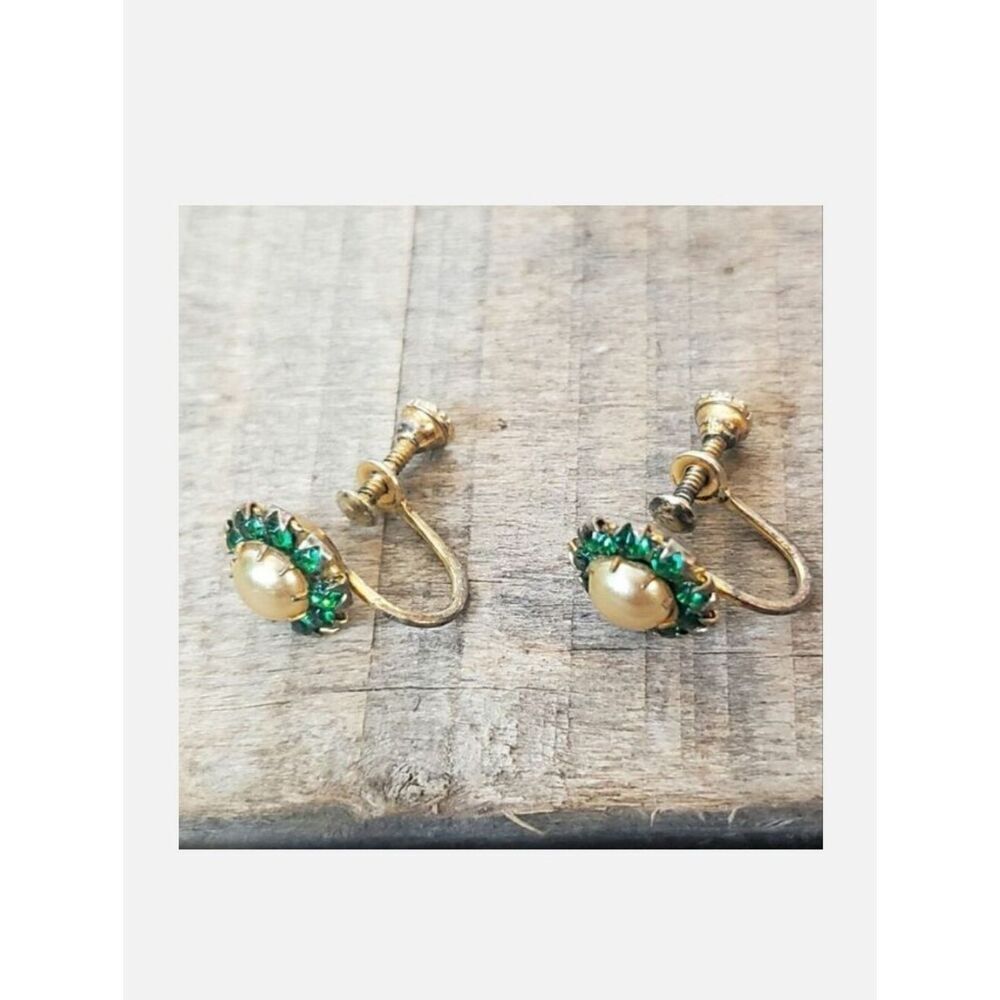 VINTAGE Screw-back Faux Pearl & Crystal Earrings